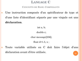 Une instruction composée d’un spécificateur de type et d’une liste d’identifiant séparés par une virgule est une déclaration. 
int a, b; 
double c; 
char message[256]; 
float d=1.5, x ; 
Toute variable utilisée en C doit faire l’objet d’une déclaration avant d’être utilisée. 
LANGAGE C CONCEPTS DE BASE: COMPOSANTS 
51  