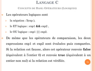 Les opérateurs logiques sont 
la négation : !(exp ), 
le ET logique : exp1 && exp2 , 
le OU logique : exp1 || exp2. 
De même que les opérateurs de comparaison, les deux expressions exp1 et exp2 sont évaluées puis comparées. Si la relation est fausse, alors cet opérateur renvoie false (équivalent à l’entier 0) et renvoie true (équivalent à un entier non nul) si la relation est vérifiée. 
LANGAGE C CONCEPTS DE BASE: OPÉRATEURS (LOGIQUES) 
71  