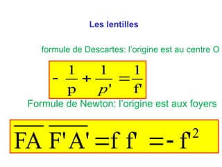 Les lentilles
formule de Descartes: l’origine est au centre O
f'
1
'
1
p
1



p
Formule de Newton: l’origine est aux foyers
f'
f'
f
A'
F'
FA 2



 