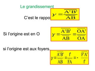 f'
A'
F'
FA
f'
AB
B'
A'





si l’origine est aux foyers.
Le grandissement
C’est le rapport
Si l’origine est en O
OA
OA'
AB
B'
A'



AB
B'
A'


 