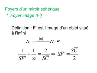 Foyers d’un miroir sphérique
* Foyer image (F’)
Définition : F’ est l’image d’un objet situé
à l’infini
A=∞ A’=F’
M
2
'
2
1
'
1 C
S
F
S
C
S
SF





 