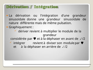 Dérivation / Intégration
16
⚫ La dérivation ou l'intégration d'une grandeur
sinusoïdale donne une grandeur sinusoïdale de
nature différente mais de même pulsation.
⚫ Graphiquement :
 dériver revient à multiplier le module de la
grandeur
considérée par  et à la déphaser en avant de /2
 intégrer revient à diviser son modulepar 
et à la déphaser en arrière de /2
 