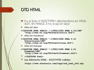 DTD HTML
DTD HTML
 Il y a trois <! DOCTYPE> déclarations en HTML
4.01. En HTML5, il n'y a qu'un seul:
 HTML 4.01 Strict
HTML 4.01 Strict
<!DOCTYPE HTML PUBLIC "-//W3C//DTD HTML 4.01//EN"
<!DOCTYPE HTML PUBLIC "-//W3C//DTD HTML 4.01//EN"
"http://www.w3.org/TR/html4/strict.dtd">
"http://www.w3.org/TR/html4/strict.dtd">
 HTML 4.01 Transitional
HTML 4.01 Transitional
<!DOCTYPE HTML PUBLIC "-//W3C//DTD HTML 4.01
<!DOCTYPE HTML PUBLIC "-//W3C//DTD HTML 4.01
Transitional//EN"
Transitional//EN"
"http://www.w3.org/TR/html4/loose.dtd">
"http://www.w3.org/TR/html4/loose.dtd">
 HTML 4.01 Frameset
HTML 4.01 Frameset
<!DOCTYPE HTML PUBLIC "-//W3C//DTD HTML 4.01
<!DOCTYPE HTML PUBLIC "-//W3C//DTD HTML 4.01
Frameset//EN"
Frameset//EN"
"http://www.w3.org/TR/html4/frameset.dtd">
"http://www.w3.org/TR/html4/frameset.dtd">
 <!DOCTYPE html>
<!DOCTYPE html>
 Les éléments HTML - DOCTYPES valides
https://www.w3schools.com/tags/ref_html_dtd.asp
https://www.w3schools.com/tags/ref_html_dtd.asp
13
 