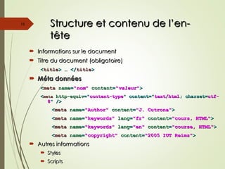 Structure et contenu de l’en-
Structure et contenu de l’en-
tête
tête
 Informations sur le document
Informations sur le document
 Titre du document (obligatoire)
Titre du document (obligatoire)
<
<title
title>
> …
… </
</title
title>
>
 Méta données
Méta données
<
<meta
meta name
name=
="
"nom
nom"
" content
content=
="
"valeur
valeur"
">
>
<
<meta
meta http-equiv
http-equiv="
="content-type
content-type" content="
" content="text/html
text/html; charset=
; charset=utf-
utf-
8
8" />
" />
<
<meta
meta name
name=
="Author"
"Author" content
content=
="J. Cutrona"
"J. Cutrona">
>
<
<meta
meta name
name=
="keywords"
"keywords" lang
lang=
="fr"
"fr" content
content=
="cours, HTML"
"cours, HTML">
>
<
<meta
meta name
name=
="keywords"
"keywords" lang
lang=
="en"
"en" content
content=
="course, HTML"
"course, HTML">
>
<
<meta
meta name
name=
="copyright"
"copyright" content
content=
="2005 IUT Reims"
"2005 IUT Reims">
>
 Autres informations
Autres informations
 Styles
Styles
 Scripts
Scripts
15
 