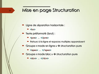 Mise en page Structuration
Mise en page Structuration
 Ligne de séparation horizontale :
Ligne de séparation horizontale :
 <
<hr
hr>
>
 Texte préformaté (brut) :
Texte préformaté (brut) :
 <
<pre
pre>
> …
… </
</pre
pre>
>
 Retours à la ligne et espaces multiples apparaissent
Retours à la ligne et espaces multiples apparaissent
 Groupe « mode en ligne »
Groupe « mode en ligne » 
 structuration pure
structuration pure
 <
<span
span>
> …
… </
</span
span>
>
 Groupe « mode bloc »
Groupe « mode bloc » 
 structuration pure
structuration pure
 <
<div
div>
> …
… </
</div
div>
>
20
 