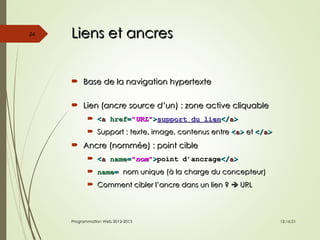 Liens et ancres
Liens et ancres
 Base de la navigation hypertexte
Base de la navigation hypertexte
 Lien (
Lien (ancre source d’un
ancre source d’un) : zone active cliquable
) : zone active cliquable
 <
<a
a href
href=
="
"URL
URL"
">
>support du lien
support du lien</
</a
a>
>
 Support : texte, image, contenus entre
Support : texte, image, contenus entre <
<a
a>
> et
et </
</a
a>
>
 Ancre (nommée) : point cible
Ancre (nommée) : point cible
 <
<a
a name
name=
="
"nom
nom"
">
>point d’ancrage
point d’ancrage</
</a
a>
>
 name
name=
= nom unique (à la charge du concepteur)
nom unique (à la charge du concepteur)
 Comment cibler l’ancre dans un lien ?
Comment cibler l’ancre dans un lien ? 
 URL
URL
12:16:51
12:16:51
Programmation Web 2012-2013
Programmation Web 2012-2013
24
 