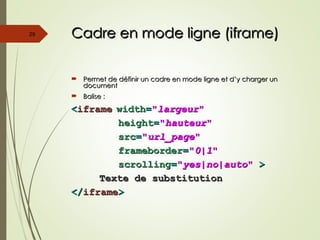 Cadre en mode ligne (iframe)
Cadre en mode ligne (iframe)
 Permet de définir un cadre en mode ligne et d’y charger un
Permet de définir un cadre en mode ligne et d’y charger un
document
document
 Balise :
Balise :
<
<iframe
iframe width
width=
="
"largeur
largeur"
"
height
height=
="
"hauteur
hauteur"
"
src
src=
="
"url_page
url_page"
"
frameborder
frameborder=
="
"0|1
0|1"
"
scrolling
scrolling=
="
"yes|no|auto
yes|no|auto"
" >
>
Texte de substitution
Texte de substitution
</
</iframe
iframe>
>
29
 