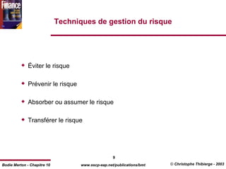 Techniques de gestion du risque




              Éviter le risque

              Prévenir le risque

              Absorber ou assumer le risque

              Transférer le risque




                                                    9
Bodie Merton - Chapitre 10          www.escp-eap.net/publications/bmt   © Christophe Thibierge - 2003
 