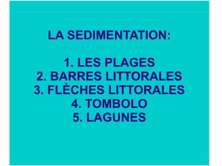 LA SEDIMENTATION:
1. LES PLAGES
2. BARRES LITTORALES
3. FLÈCHES LITTORALES
4. TOMBOLO
5. LAGUNES

 