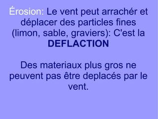 Érosion: Le vent peut arrachér et
déplacer des particles fines
(limon, sable, graviers): C'est la
DEFLACTION
Des materiaux plus gros ne
peuvent pas être deplacés par le
vent.

 