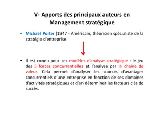 V- Apports des principaux auteurs en
Management stratégique
• Michaël Porter (1947 - Américain, théoricien spécialiste de la
stratégie d'entreprise
• Il est connu pour ses modèles d’analyse stratégique : le jeu
• Il est connu pour ses modèles d’analyse stratégique : le jeu
des 5 forces concurrentielles et l’analyse par la chaine de
valeur. Cela permet d’analyser les sources d’avantages
concurrentiels d’une entreprise en fonction de ses domaines
d’activités stratégiques et d’en déterminer les facteurs clés de
succès.
 