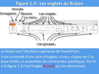 Figure 1.3 : Les onglets du Ruban
Le Ruban est l’interface supérieure de PowerPoint.
Il est surmonté d’une série d’onglets, si vous cliquez sur l’un
deux révèle un ensembles de commandes spécifiques. Par Ex
à la figure 1.3 c’est l’onglet Accueil qui est sélectionné.
 
