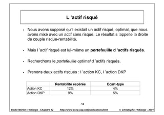 L ’actif risqué

          w   Nous avons supposé qu’il existait un actif risqué, optimal, que nous
              avons mixé avec un actif sans risque. Le résultat s ’appelle la droite
              de couple risque-rentabilité.

          w   Mais l ’actif risqué est lui-même un portefeuille d ’actifs risqués.

          w   Recherchons le portefeuille optimal d ’actifs risqués.

          w   Prenons deux actifs risqués : l ’action KC, l ’action DKP

                                       Rentabilité espérée                      Ecart-type
              Action KC                       12%                                  4%
              Action DKP                       9%                                  5%


                                                          12

Bodie Merton Thibierge - Chapitre 12     http://www.escp-eap.net/publications/bmt      © Christophe Thibierge - 2001
 