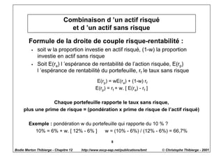 Combinaison d ’un actif risqué
                                et d ’un actif sans risque

        Formule de la droite de couple risque-rentabilité :
          w   soit w la proportion investie en actif risqué, (1-w) la proportion
              investie en actif sans risque
          w   Soit E(ra) l ’espérance de rentabilité de l’action risquée, E(rp)
              l ’espérance de rentabilité du portefeuille, rf le taux sans risque
                                                E(rp) = wE(ra) + (1-w) rf
                                               E(rp) = rf + w. [ E(ra) - rf ]

                  Chaque portefeuille rapporte le taux sans risque,
     plus une prime de risque = (pondération x prime de risque de l’actif risqué)

        Exemple : pondération w du portefeuille qui rapporte du 10 % ?
          10% = 6% + w. [ 12% - 6% ] ⇔ w = (10% - 6%) / (12% - 6%) = 66,7%

                                                         8

Bodie Merton Thibierge - Chapitre 12   http://www.escp-eap.net/publications/bmt   © Christophe Thibierge - 2001
 