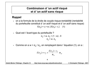 Combinaison d ’un actif risqué
                                et d ’un actif sans risque

        Rappel
          w   on a la formule de la droite de couple risque-rentabilité (rentabilité
              du portefeuille constitué d ’un actif risqué et d ’un actif sans risque)
                                           E(rp) = rf + w. [ E(ra) - rf ]            (1)


          w   Quel est l ’écart-type du portefeuille ?
                                                σp = w. σa + (1 - w) . 0
                                                      σp = w. σa


          w   Comme on a w = σp / σa, en remplaçant dans l ’équation (1), on a :

                                                             E ( rp ) − r f
                                          E ( rp ) = r f +                    ⋅σ p
                                                                  σa

                                                         9

Bodie Merton Thibierge - Chapitre 12   http://www.escp-eap.net/publications/bmt            © Christophe Thibierge - 2001
 