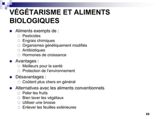 VÉGÉTARISME ET ALIMENTS
BIOLOGIQUES
   Aliments exempts de :
      Pesticides
      Engrais chimiques
      Organismes génétiquement modifiés
      Antibiotiques
      Hormones de croissance
   Avantages :
        Meilleurs pour la santé
        Protection de l’environnement
   Désavantages :
        Coûtent plus chers en général
   Alternatives avec les aliments conventionnels
      Peler les fruits
      Bien laver les végétaux
      Utiliser une brosse
      Enlever les feuilles extérieures
                                                    22
 