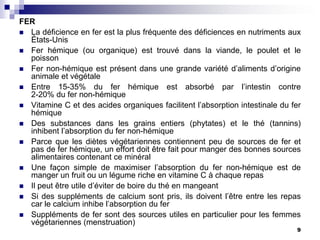 FER
 La déficience en fer est la plus fréquente des déficiences en nutriments aux
  États-Unis
 Fer hémique (ou organique) est trouvé dans la viande, le poulet et le
  poisson
 Fer non-hémique est présent dans une grande variété d’aliments d’origine
  animale et végétale
 Entre 15-35% du fer hémique est absorbé par l’intestin contre
  2-20% du fer non-hémique
 Vitamine C et des acides organiques facilitent l’absorption intestinale du fer
  hémique
 Des substances dans les grains entiers (phytates) et le thé (tannins)
  inhibent l’absorption du fer non-hémique
 Parce que les diètes végétariennes contiennent peu de sources de fer et
  pas de fer hémique, un effort doit être fait pour manger des bonnes sources
  alimentaires contenant ce minéral
 Une façon simple de maximiser l’absorption du fer non-hémique est de
  manger un fruit ou un légume riche en vitamine C à chaque repas
 Il peut être utile d’éviter de boire du thé en mangeant
 Si des suppléments de calcium sont pris, ils doivent l’être entre les repas
  car le calcium inhibe l’absorption du fer
 Suppléments de fer sont des sources utiles en particulier pour les femmes
  végétariennes (menstruation)
                                                                              9
 