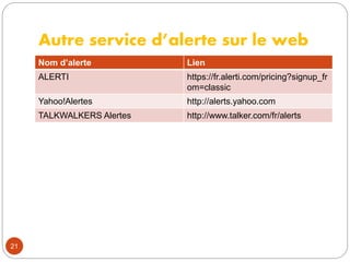 Autre service d’alerte sur le web
Nom d’alerte Lien
ALERTI https://fr.alerti.com/pricing?signup_fr
om=classic
Yahoo!Alerte...