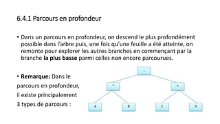 6.4.1 Parcours en profondeur
• Dans un parcours en profondeur, on descend le plus profondément
possible dans l’arbre puis, une fois qu’une feuille a été atteinte, on
remonte pour explorer les autres branches en commençant par la
branche la plus basse parmi celles non encore parcourues.
• Remarque: Dans le
parcours en profondeur,
il existe principalement
3 types de parcours :
 