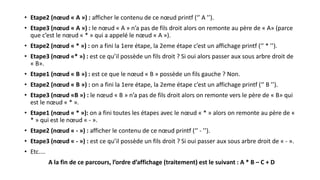 • Etape2 (nœud « A ») : afficher le contenu de ce nœud printf (‘’ A ’’).
• Etape3 (nœud « A ») : le nœud « A » n’a pas de fils droit alors on remonte au père de « A» (parce
que c’est le nœud « * » qui a appelé le nœud « A »).
• Etape2 (nœud « * ») : on a fini la 1ere étape, la 2eme étape c’est un affichage printf (‘’ * ’’).
• Etape3 (nœud «* ») : est ce qu’il possède un fils droit ? Si oui alors passer aux sous arbre droit de
« B».
• Etape1 (nœud « B ») : est ce que le nœud « B » possède un fils gauche ? Non.
• Etape2 (nœud « B ») : on a fini la 1ere étape, la 2eme étape c’est un affichage printf (‘’ B ’’).
• Etape3 (nœud «B ») : le nœud « B » n’a pas de fils droit alors on remonte vers le père de « B» qui
est le nœud « * ».
• Etape1 (nœud « * »): on a fini toutes les étapes avec le nœud « * » alors on remonte au père de «
* » qui est le nœud « - ».
• Etape2 (nœud « - ») : afficher le contenu de ce nœud printf (‘’ - ’’).
• Etape3 (nœud « - ») : est ce qu’il possède un fils droit ? Si oui passer aux sous arbre droit de « - ».
• Etc....
A la fin de ce parcours, l’ordre d’affichage (traitement) est le suivant : A * B – C + D
 
