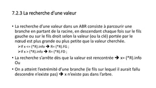 7.2.3 La recherche d’une valeur
• La recherche d’une valeur dans un ABR consiste à parcourir une
branche en partant de la racine, en descendant chaque fois sur le fils
gauche ou sur le fils droit selon la valeur (ou la clé) portée par le
nœud est plus grande ou plus petite que la valeur cherchée.
If x <= (*R).info  R= (*R).FG ;
If x > (*R).info  R= (*R).FD ;
• La recherche s’arrête dès que la valeur est rencontrée  x= (*R).info
Ou
• On a atteint l’extrémité d’une branche (le fils sur lequel il aurait fallu
descendre n’existe pas)  x n’existe pas dans l’arbre.
 