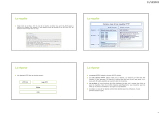 11/13/2019
La requête
 Corps: Après les en-têtes, vient le corps de la requête. Là-dedans vous aurez des détails selon la
nature de la requête. Par exemple, si une requête envoie des données à une API avec POST les
attributs seront envoyés dans ce corps.
9
La requête
10
La réponse
 Les réponses HTTP sont au format suivant :
11
Code HTTP
Code HTTP
HTTP/X.X
HTTP/X.X
Entêtes
Entêtes
corps
corps
La réponse
 La version HTTP: Indique la version d'HTTP utilisée.
 Le code réponse HTTP: Indique l'état de la réponse. La ressource a-t-elle bien été
trouvée ? Si non, pourquoi ? Ce code de 3 chiffres vous dira tout ce qu’il faut savoir. Il y a
à peu près 30 codes possibles qui couvrent plein de situations.
 Les en-têtes: Ici vous trouverez des infos classiques (la date, etc.) comme vous l'avez vu
pour les requêtes. Dans les en-têtes réponses spécifiquement, vous trouverez aussi les
infos sur le serveur lui-même Ex: son type ou sa localisation.
 Le corps: Le corps de la réponse contient des données pour les utilisateurs, il peut
prendre plusieurs types.
12
 