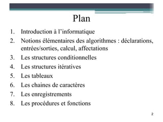 Plan
1. Introduction à l’informatique
2. Notions élémentaires des algorithmes : déclarations,
   entrées/sorties, calcul, affectations
3. Les structures conditionnelles
4. Les structures itératives
5. Les tableaux
6. Les chaines de caractères
7. Les enregistrements
8. Les procédures et fonctions
                                                      2
 