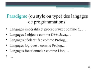Paradigme (ou style ou type) des langages
          de programmations
•   Langages impératifs et procéduraux : comme C, …
•   Langages à objets : comme C++, Java,…
•   Langages déclaratifs : comme Prolog,..
•   Langages logiques : comme Prolog,…
•   Langages fonctionnels : comme Lisp,…
•   …

                                                      29
 