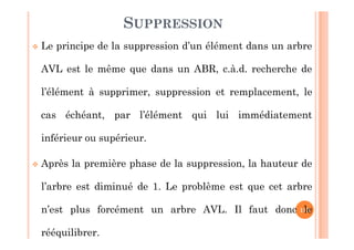 113
SUPPRESSION
 Le principe de la suppression d’un élément dans un arbre
AVL est le même que dans un ABR, c.à.d. recherche de
l’élément à supprimer, suppression et remplacement, le
cas échéant, par l’élément qui lui immédiatement
inférieur ou supérieur.
 Après la première phase de la suppression, la hauteur de
l’arbre est diminué de 1. Le problème est que cet arbre
n’est plus forcément un arbre AVL. Il faut donc le
rééquilibrer.
 
