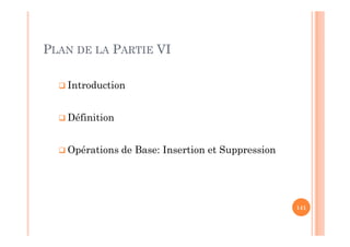  Introduction
 Définition
 Opérations de Base: Insertion et Suppression
141
PLAN DE LA PARTIE VI
 