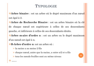 22
TYPOLOGIE
Arbre binaire : est un arbre où le degré maximum d’un nœud
est égal à 2.
Arbre de Recherche Binaire : est un arbre binaire où la clé
de chaque nœud est supérieure à celles de ses descendants
gauche, et inférieure à celles de ses descendants droits.
Arbre m-aire d’ordre n : est un arbre ou le degré maximum
d’un nœud est égal à n.
B-Arbre d’ordre n: est un arbre où :
 la racine a au moins 2 fils
 chaque nœud, autre que la racine, a entre n/2 et n fils
 tous les nœuds feuilles sont au même niveau
 ……
 