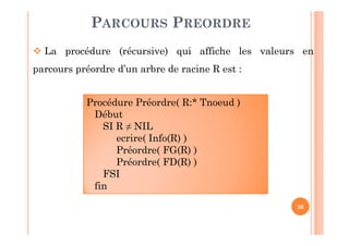 36
PARCOURS PREORDRE
 La procédure (récursive) qui affiche les valeurs en
parcours préordre d’un arbre de racine R est :
Procédure Préordre( R:* Tnoeud )
Début
SI R ≠ NIL
ecrire( Info(R) )
Préordre( FG(R) )
Préordre( FD(R) )
FSI
fin
 