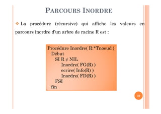 39
PARCOURS INORDRE
 La procédure (récursive) qui affiche les valeurs en
parcours inordre d’un arbre de racine R est :
Procédure Inordre( R:*Tnoeud )
Début
SI R ≠ NIL
Inordre( FG(R) )
ecrire( Info(R) )
Inordre( FD(R) )
FSI
fin
 