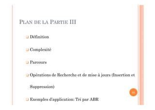  Définition
 Complexité
 Parcours
 Opérations de Recherche et de mise à jours (Insertion et
Suppression)
 Exemples d’application: Tri par ABR
51
PLAN DE LA PARTIE III
 
