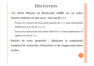 53
DÉFINITION
 Un Arbre Binaire de Recherche (ABR) est un arbre
binaire ordonné tel que pour tout nœud « i »:
 Toutes les valeurs du sous-arbre gauche de « i » sont strictement
inférieures à la clé de « i », et
 Toutes les valeurs du sous-arbre droit de « i » sont supérieures ou
égales à la clé de « i ».
 Intérêt de cette propriété : diminuer la complexité
temporel de recherche, d’insertion et de suppression dans
l’arbre
 