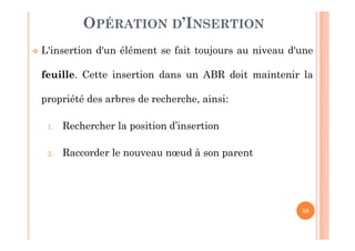 58
OPÉRATION D’INSERTION
 L'insertion d'un élément se fait toujours au niveau d'une
feuille. Cette insertion dans un ABR doit maintenir la
propriété des arbres de recherche, ainsi:
1. Rechercher la position d’insertion
2. Raccorder le nouveau nœud à son parent
 