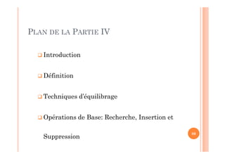  Introduction
 Définition
 Techniques d’équilibrage
 Opérations de Base: Recherche, Insertion et
Suppression
80
PLAN DE LA PARTIE IV
 