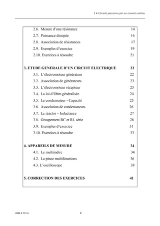1  Circuits parcourus par un courant continu
2696  T01-X 2
2.6. Mesure d’une résistance 14
2.7. Puissance dissipée 16
2.8. Association de résistances 17
2.9. Exemples d’exercice 19
2.10. Exercices à résoudre 21
3. ETUDE GENERALE D’UN CIRCUIT ELECTRIQUE 22
3.1. L’électromoteur générateur 22
3.2. Association de générateurs 23
3.3. L’électromoteur récepteur 23
3.4. La loi d’Ohm généralisée 24
3.5. Le condensateur - Capacité 25
3.6. Association de condensateurs 26
3.7. Le réactor – Inductance 27
3.8. Groupement RC et RL série 28
3.9. Exemples d’exercice 31
3.10. Exercices à résoudre 33
4. APPAREILS DE MESURE 34
4.1. Le multimètre 34
4.2. La pince multifonctions 36
4.3. L’oscilloscope 38
5. CORRECTION DES EXERCICES 41
 
