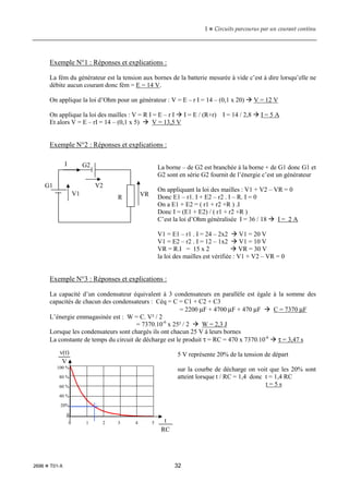 1  Circuits parcourus par un courant continu
2696  T01-X 32
Exemple N°1 : Réponses et explications :
La fém du générateur est la tension aux bornes de la batterie mesurée à vide c’est à dire lorsqu’elle ne
débite aucun courant donc fém = E = 14 V.
On applique la loi d’Ohm pour un générateur : V = E – r I = 14 – (0,1 x 20)  V = 12 V
On applique la loi des mailles : V = R I = E – r I  I = E / (R+r) I = 14 / 2,8  I = 5 A
Et alors V = E – rI = 14 – (0,1 x 5)  V = 13,5 V
Exemple N°2 : Réponses et explications :
La borne – de G2 est branchée à la borne + de G1 donc G1 et
G2 sont en série G2 fournit de l’énergie c’est un générateur
On appliquant la loi des mailles : V1 + V2 – VR = 0
Donc E1 – r1. I + E2 – r2 . I – R. I = 0
On a E1 + E2 = ( r1 + r2 +R ) .I
Donc I = (E1 + E2) / ( r1 + r2 +R )
C’est la loi d’Ohm généralisée I = 36 / 18  I = 2 A
V1 = E1 – r1 . I = 24 – 2x2  V1 = 20 V
V1 = E2 – r2 . I = 12 – 1x2  V1 = 10 V
VR = R.I = 15 x 2  VR = 30 V
la loi des mailles est vérifiée : V1 + V2 – VR = 0
Exemple N°3 : Réponses et explications :
La capacité d’un condensateur équivalent à 3 condensateurs en parallèle est égale à la somme des
capacités de chacun des condensateurs : Céq = C = C1 + C2 + C3
= 2200 µF + 4700 µF + 470 µF  C = 7370 µF
L’énergie emmagasinée est : W = C. V² / 2
= 7370.10-6
x 25² / 2  W = 2,3 J
Lorsque les condensateurs sont chargés ils ont chacun 25 V à leurs bornes
La constante de temps du circuit de décharge est le produit τ = RC = 470 x 7370.10-6
 τ = 3,47 s
5 V représente 20% de la tension de départ
sur la courbe de décharge on voit que les 20% sont
atteint lorsque t / RC = 1,4 donc t = 1,4 RC
t = 5 s
G1
G2
R
I
V1
V2
VR
v(t)
V
100 %
80 %
60 %
40 %
20%
0
t
RC
0 1 2 3 4 5
 