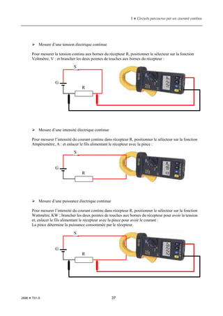 1  Circuits parcourus par un courant continu
2696  T01-X 37
 Mesure d’une tension électrique continue
Pour mesurer la tension continu aux bornes du récepteur R, positionner le sélecteur sur la fonction
Voltmètre, V : et brancher les deux pointes de touches aux bornes du récepteur :
 Mesure d’une intensité électrique continue
Pour mesurer l’intensité du courant continu dans récepteur R, positionner le sélecteur sur la fonction
Ampèremètre, A : et enlacer le fils alimentant le récepteur avec la pince :
 Mesure d’une puissance électrique continue
Pour mesurer l’intensité du courant continu dans récepteur R, positionner le sélecteur sur la fonction
Wattmètre, KW ; brancher les deux pointes de touches aux bornes du récepteur pour avoir la tension
et, enlacer le fils alimentant le récepteur avec la pince pour avoir le courant :
La pince détermine la puissance consommée par le récepteur.
R
G
S
R
G
S
R
G
S
 