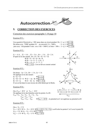 1  Circuits parcourus par un courant continu
2696  T01-X 41
5. CORRECTION DES EXERCICES
Correction des exercices paragraphe 1.10 page 10
Exercice N°1 :
Une quantité d’électricité q = 50C passe dans un circuit pendant 10s : I = q / t  I = 5A
De même avec 7200C pendant 1h : on convertit 1 h = 3600 s : I = q / t  I = 2A
puis avec 1Ah pendant 5 min : on a 1Ah = 3600 C et 5min = 300 s : I = q / t  I = 12A
Exercice N°2 :
I1 = - 6 A , I2 = 4 A , I3 = 5 A , I4 = - 3 A , I5 = 2 A
D’après la loi des nœuds : I0 + I3 + I4 + I5 = I1 + I2
 I0 = I1 + I2 - I3 - I4 - I5
 I0 = - 6 + 4 – 5 – (-3) – 2
 I0 = - 6 + 4 – 5 + 3 – 2
 I0 = - 6 A : c’est en fait un courant sortant
Exercice N°3 :
On donne : Ia = 2 A , Ib = - 3 A , Ic = 1 A
On applique la loi des nœuds :
Ia + Ic = I1  I1 = 3 A
Ia + Ib + I2 = 0  I2 = - Ia – Ib  I2 = 1 A
Ib = I3 + Ic  I3 = Ib – Ic  I3 = - 4 A
I3 est en fait dans le sens inverse de celui donné par la flèche.
Exercice N°4 :
On a VAB = 20 V et VAC = 10 V
On applique la loi des branches entre les points A et B :
VAB = VA – VB = VA – VC + VC – VB
VAB = VAC + VCB
VAB = VAC - VBC  VBC = - 10 V ; le potentiel en C est supérieur au potentiel en B
Exercice N°5 :
On a : VF = 5 V
VCF = 10 V  VC – VF = 10 V  VC = 15 V = VE = VD ( un fil relie les points C et E avec le point D)
VDA = 5 V  VD – VA = 5 V  VA = 10 V
VBE = - 5 V  VB – VE = -5 V  VB = 10 V
I0
I1 I2
I3
I4
I5
Ra
Rb
Rc
I1
I2
I3
Ia
Ib
Ic
A C B
VAC VBC
VAB
 