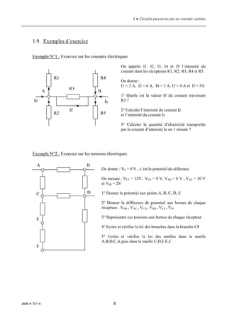 1  Circuits parcourus par un courant continu
2696  T01-X 8
1.9. Exemples d’exercice
Exemple N°1 : Exercice sur les courants électriques
On appelle I1, I2, I3, I4 et I5 l’intensité du
courant dans les récepteurs R1, R2, R3, R4 et R5.
On donne :
I1 = 2 A, I2 = 6 A, I4 = 3 A, I5 = 4 A et If = 5A
1° Quelle est la valeur I3 du courant traversant
R3 ?
2° Calculer l’intensité du courant Ie
et l’intensité du courant Is
3° Calculer la quantité d’électricité transportée
par le courant d’intensité Ie en 1 minute ?
Exemple N°2 : Exercice sur les tensions électriques
On donne : VF = 0 V , c’est le potentiel de référence.
On mesure : VCF = 12V, VDF = 8 V, VAD = 6 V , VAE = 10 V
et VBE = 2V
1° Donner le potentiel aux points A, B, C, D, E
2° Donner la différence de potentiel aux bornes de chaque
récepteur : VAB , VAC , VCD , VBD , VCE , VEF .
3° Représenter ces tensions aux bornes de chaque récepteur
4° Ecrire et vérifier la loi des branches dans la branche CF
5° Ecrire et vérifier la loi des mailles dans la maille
A,B,D,C,A puis dans la maille C,D,F,E,C
A B
R1
R2
R3
R4
R5
Ie
If
Is
A B
C D
E
F
 