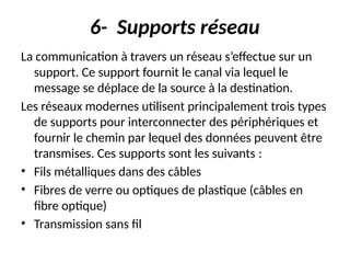 6- Supports réseau
La communication à travers un réseau s’effectue sur un
support. Ce support fournit le canal via lequel le
message se déplace de la source à la destination.
Les réseaux modernes utilisent principalement trois types
de supports pour interconnecter des périphériques et
fournir le chemin par lequel des données peuvent être
transmises. Ces supports sont les suivants :
• Fils métalliques dans des câbles
• Fibres de verre ou optiques de plastique (câbles en
fibre optique)
• Transmission sans fil
 