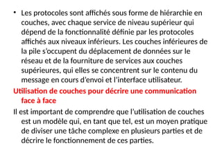 • Les protocoles sont affichés sous forme de hiérarchie en
couches, avec chaque service de niveau supérieur qui
dépend de la fonctionnalité définie par les protocoles
affichés aux niveaux inférieurs. Les couches inférieures de
la pile s’occupent du déplacement de données sur le
réseau et de la fourniture de services aux couches
supérieures, qui elles se concentrent sur le contenu du
message en cours d’envoi et l’interface utilisateur.
Utilisation de couches pour décrire une communication
face à face
Il est important de comprendre que l’utilisation de couches
est un modèle qui, en tant que tel, est un moyen pratique
de diviser une tâche complexe en plusieurs parties et de
décrire le fonctionnement de ces parties.
 