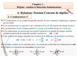 Chapitre 1 :
Régime continu et théorème fondamentaux
4- Relations Tension-Courant de dipôles
2- Condensateur C
Rappel
 