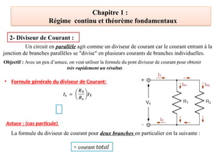 Chapitre 1 :
Régime continu et théorème fondamentaux
2- Diviseur de Courant :
Objectif : Avec un peu d’astuce, on veut utiliser la formule du pont diviseur de courant pour obtenir
très rapidement un résultat.
Un circuit en parallèle agit comme un diviseur de courant car le courant entrant à la
jonction de branches parallèles se "divise" en plusieurs courants de branches individuelles.
• Formule générale du diviseur de Courant:
Astuce : (cas particule)
× courant 𝑡𝑜𝑡𝑎𝑙
La formule du diviseur de courant pour deux branches en particulier est la suivante :
 