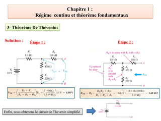 Chapitre 1 :
Régime continu et théorème fondamentaux
Solution : Étape 1 : Étape 2 :
Enfin, nous obtenons le circuit de Thevenin simplifié
3- Théorème De Thévenin:
 