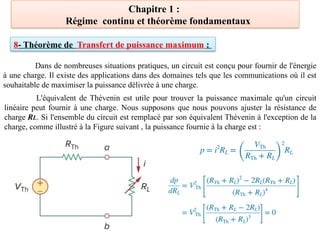 Chapitre 1 :
Régime continu et théorème fondamentaux
8- Théorème de Transfert de puissance maximum :
Dans de nombreuses situations pratiques, un circuit est conçu pour fournir de l'énergie
à une charge. Il existe des applications dans des domaines tels que les communications où il est
souhaitable de maximiser la puissance délivrée à une charge.
L'équivalent de Thévenin est utile pour trouver la puissance maximale qu'un circuit
linéaire peut fournir à une charge. Nous supposons que nous pouvons ajuster la résistance de
charge RL. Si l'ensemble du circuit est remplacé par son équivalent Thévenin à l'exception de la
charge, comme illustré à la Figure suivant , la puissance fournie à la charge est :
 