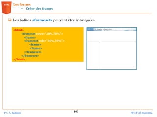 Pr . A. Zannou FST d’ Al-Hoceima
103
Les formes
• Créer des frames
 Les balises <frameset> peuvent être imbriquées
<html>
<frameset rows="20%,70%">
<frame>
<frameset cols="30%,70%">
<frame>
<frame>
</frameset>
</frameset>
</html>
 