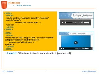 Pr . A. Zannou FST d’ Al-Hoceima
112
Multimédia
• Audio et vidéo
<HTML>
<BODY>
<audio controls=“controls” autoplay="autoplay"
muted=“muted”>
<source src="audio1.mp3“ >
</audio>
</BODY>
</HTML>
<HTML>
<BODY>
<video width="400" height="200" controls=“controls”
autoplay="autoplay" muted=“muted”>
<source src=“video1.mp4“ >
</video >
</BODY>
</HTML>
 muted : Silencieux. Active le mode silencieux (volume nul).
 